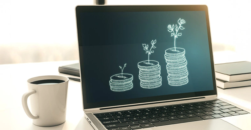 Creative abstract money savings sketch on modern laptop monitor, accumulation and growth of money