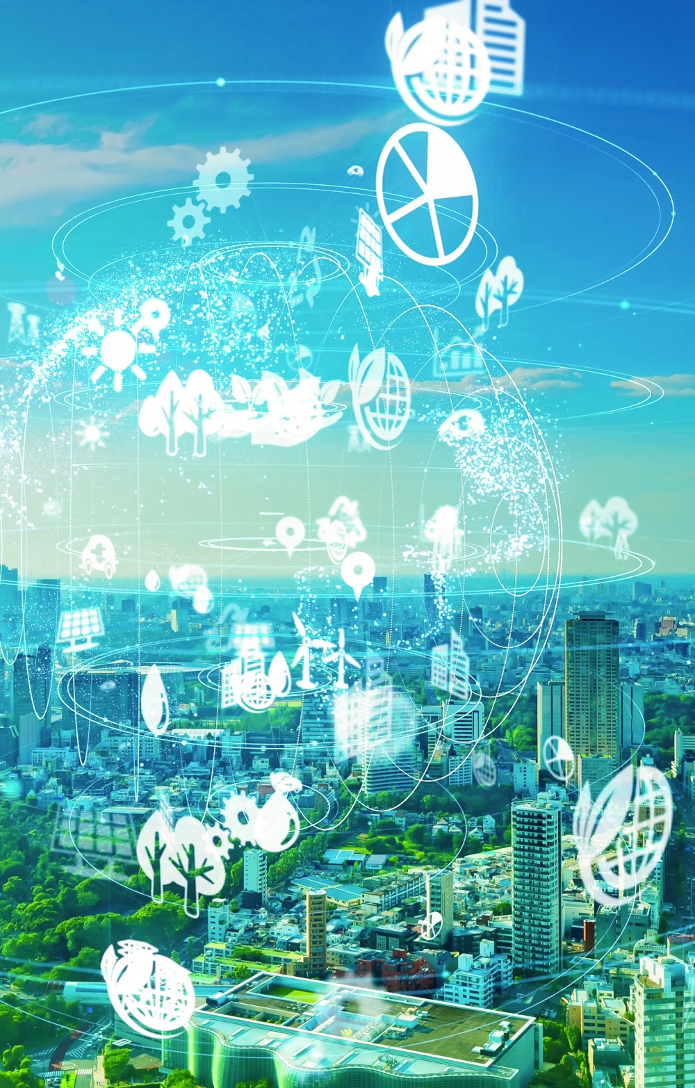 ESG symbols floating in a blue sky with a green city in the background