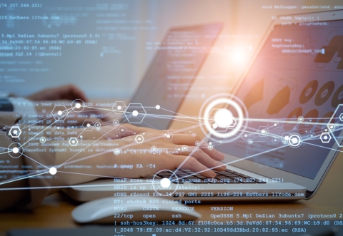 hands on laptop keyboard on a virtual and shiny background